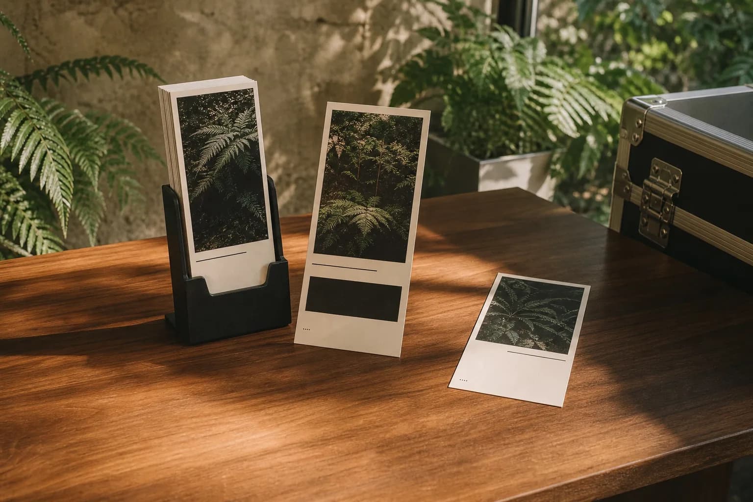 Rack cards standing in a countertop holder and laid flat beside it, showing the tall 4 by 9 inch proportion.