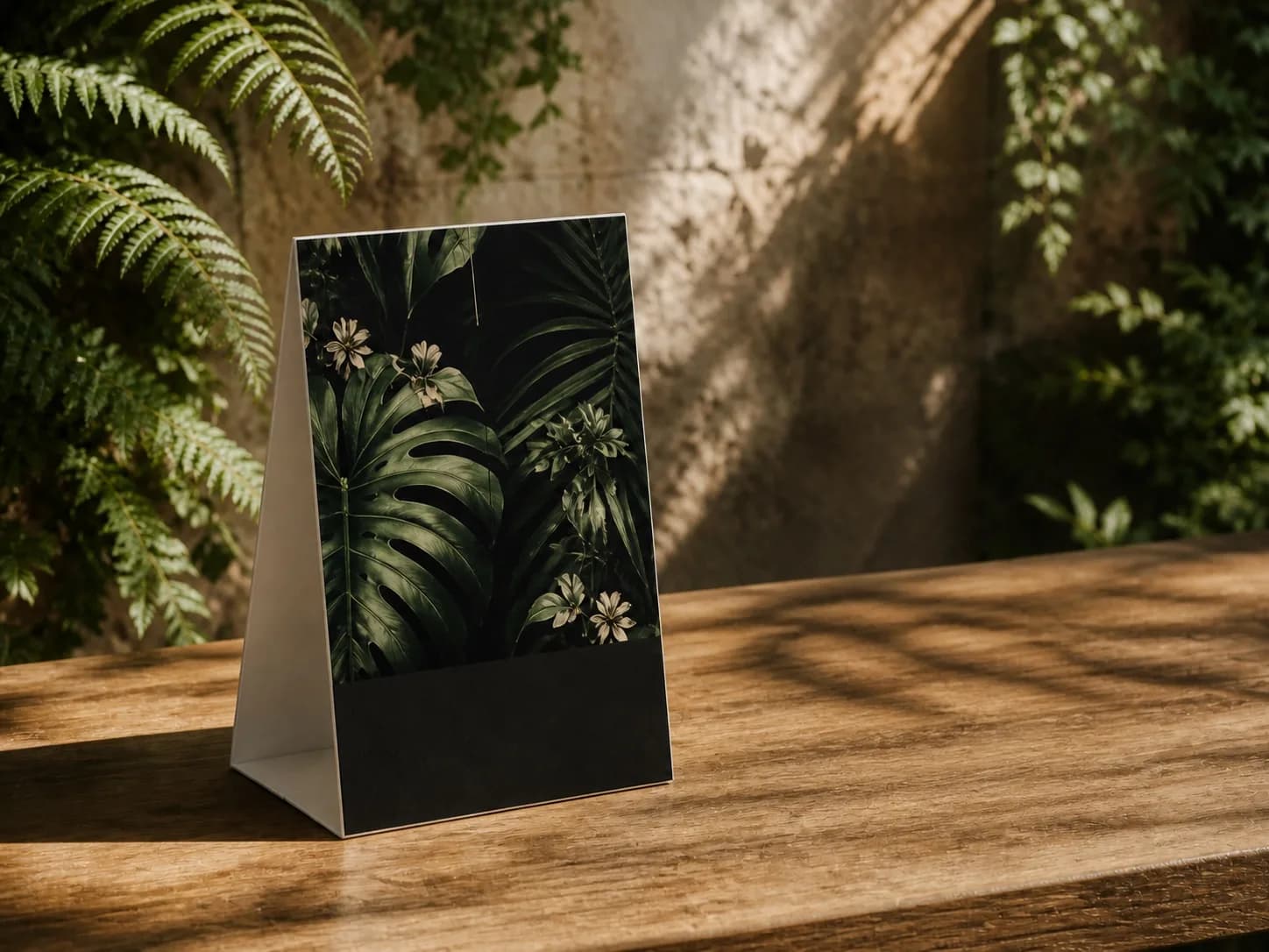 An assembled table tent standing on a timber counter, printed one side, showing the fold and the panel height.
